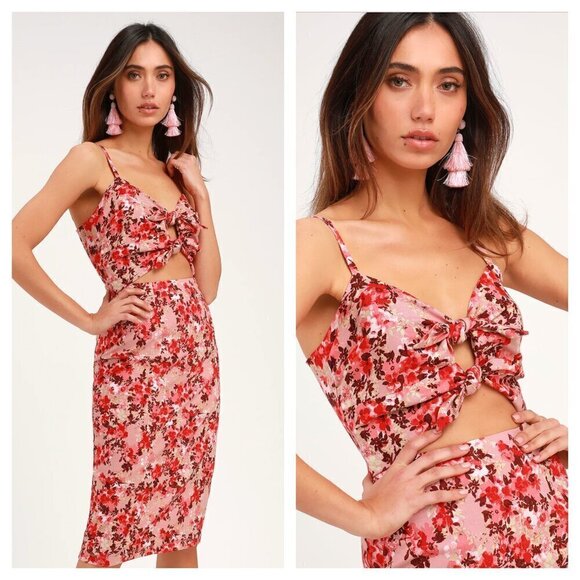 WAYF Victoria Floral Print Tie Front Cutout Midi Dress Mauve Pink Women's XS - Picture 1 of 8